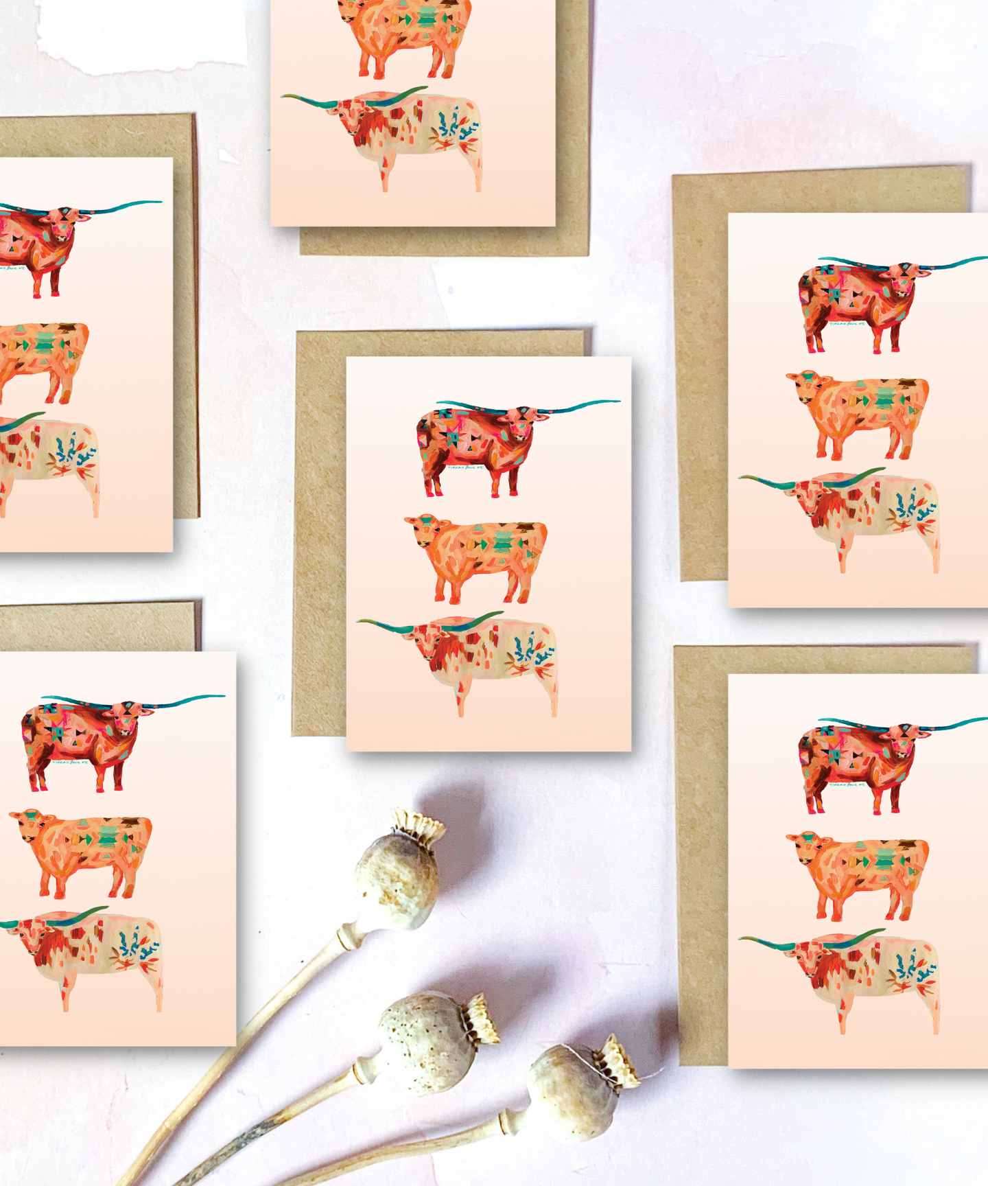 Mini Western Texas Longhorn and Cattle Card Set